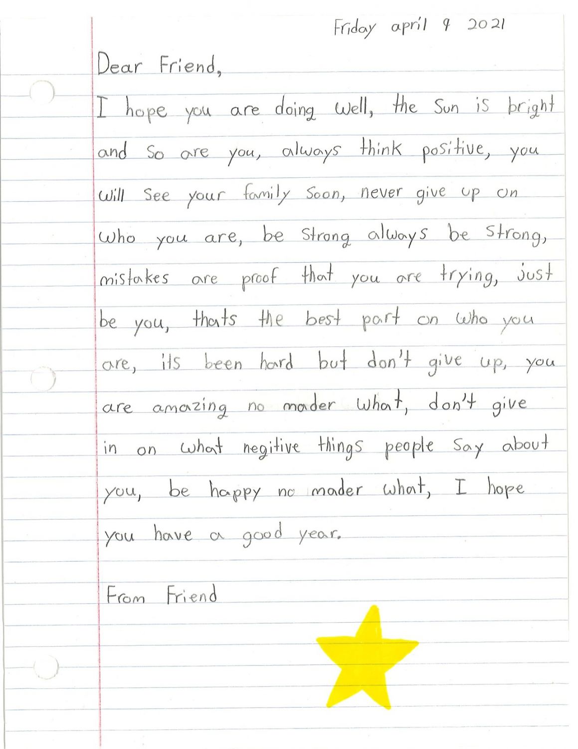 Delivery Day with Jackie and Mary. A letter with a positive message written by a Friend is displayed.